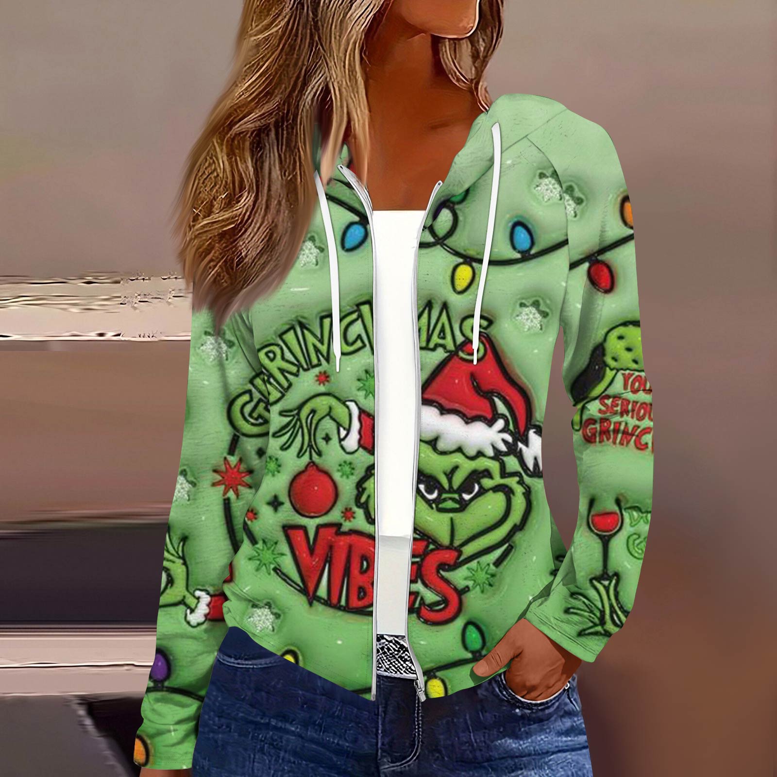 

Женская модная повседневная куртка с капюшоном на молнии с рождественским принтом и длинными рукавами XXL зелёный
