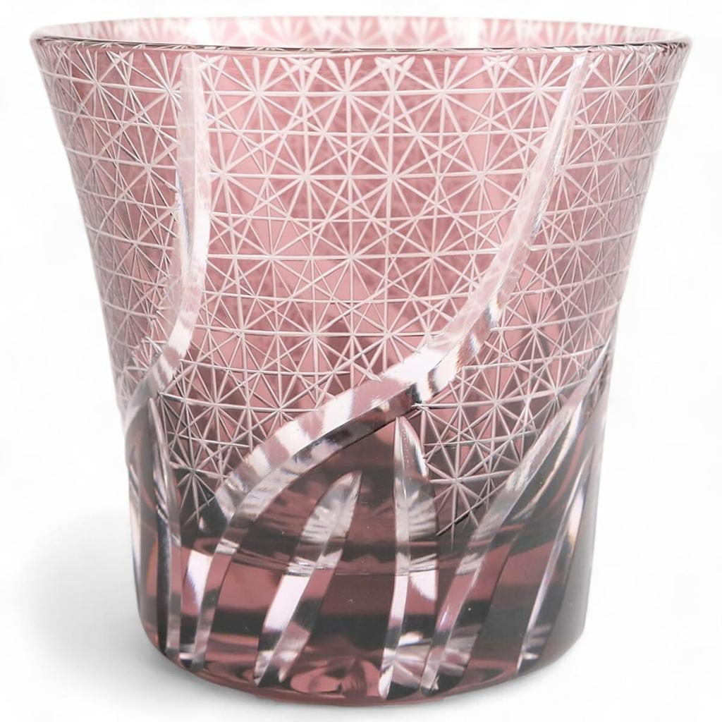 Mizukage Kiriko Glass Ranbori Komon with Bottom Beautiful Workman Current Model J-kitchens Cup, 94xH85mm, 240cc, (Small Pattern) Purple, Engraving,
