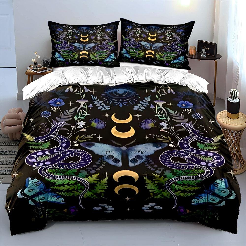 Mystic Snakes and Moon Motif Bedding Duvet Cover Set (1*Duvet Cover 2*Pillowcases, Without Duvet Insert)