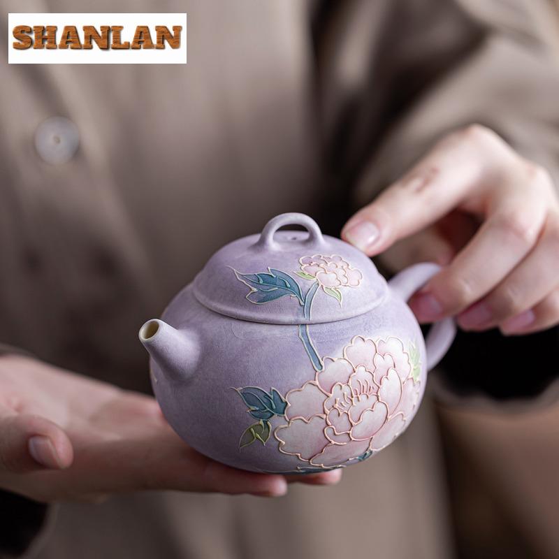 170ml Hand-painted Carved Peony Teapot Vintage Tea Infuser Pot Tea Soaking Kettle With Ball Hole White Tea Drinkware Ornaments