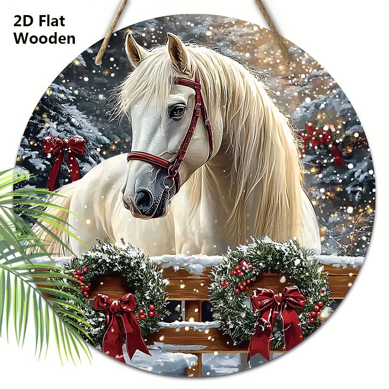 Warm Winter Wooden Christmas Sign with White Horse Pattern, Christmas Round Sign for Front Door Wall Hanging Decor, Ideal Christmas Gift