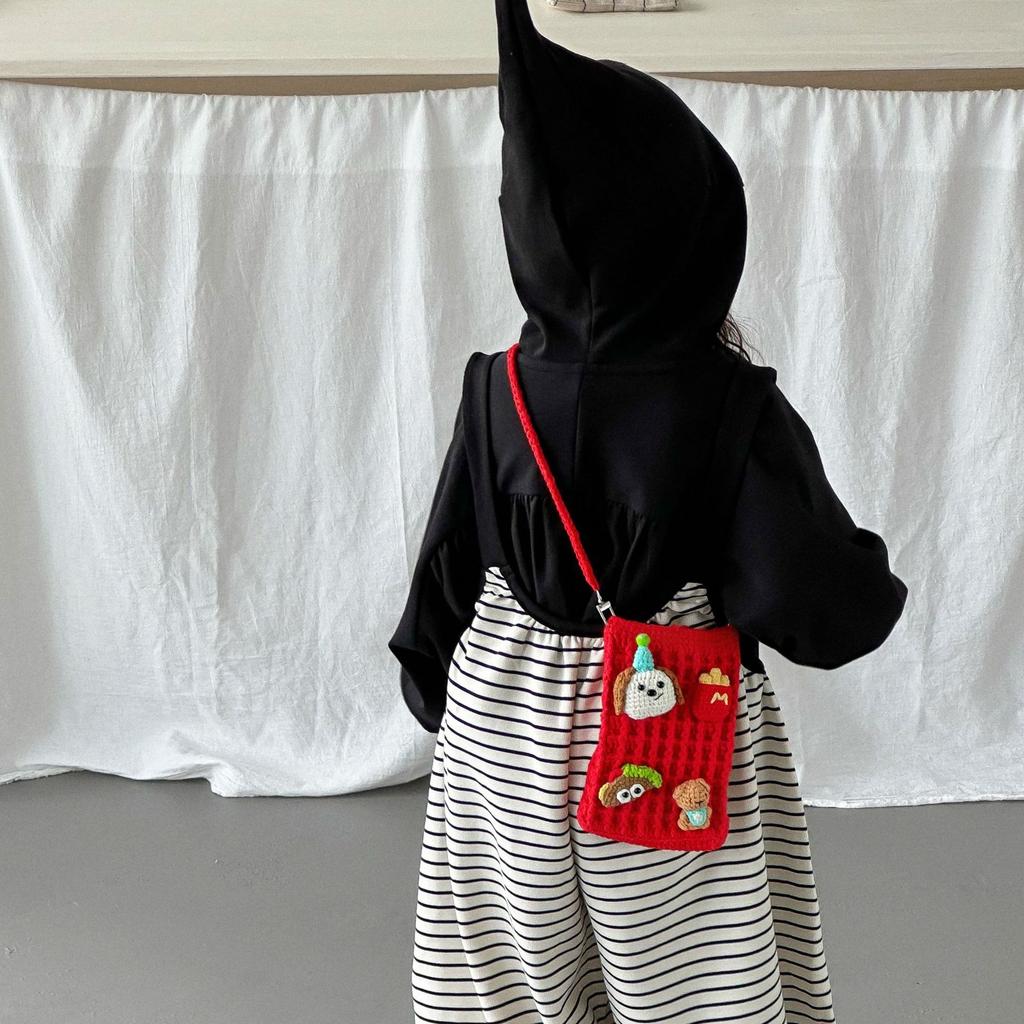 Delicate cartoon hand-woven contrasting color children's parent-child mobile phone bag new mini foreign style women's shoulder messenger bag