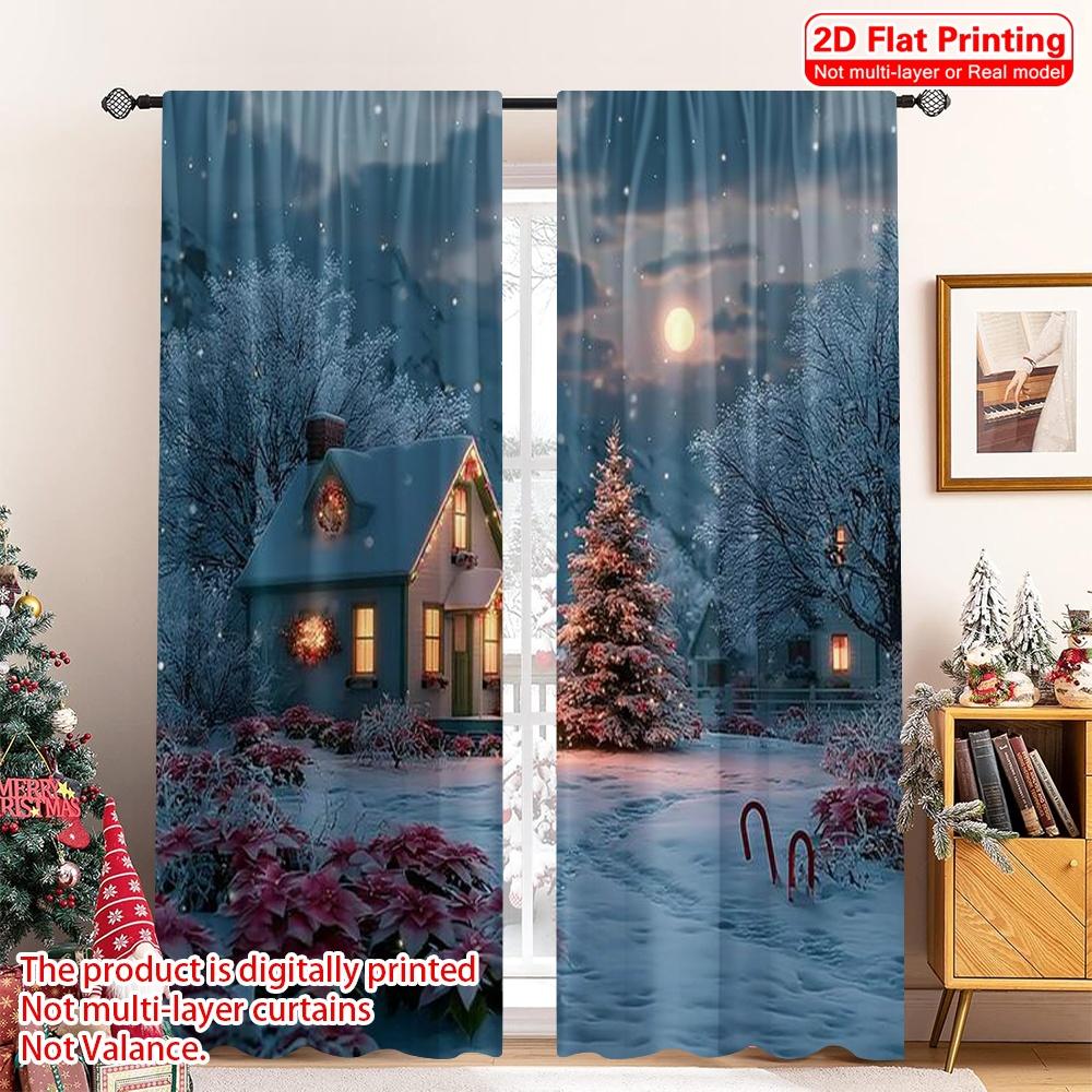 

2pcs 2D flat printing Merry Christmas Party Curtains Snowy Christmas Durable Polyester Without Electricity Party Decorations 100*130 Grommet Top 1pcs