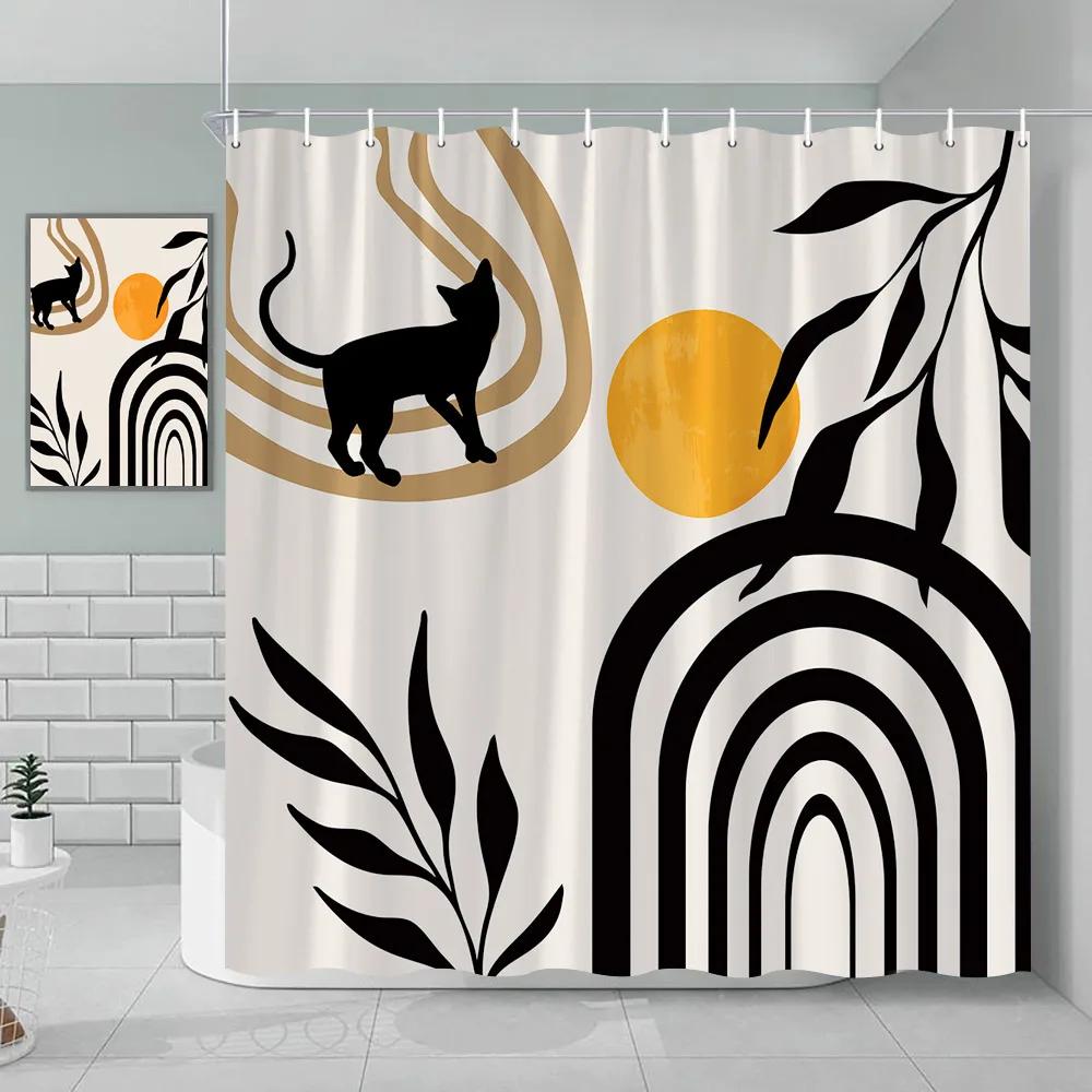 Bohemian Shower Curtain Cat Romantic Mid Century Modern Minimalist Abstract Lines Geometric Tropical Plants Bathroom Decoration