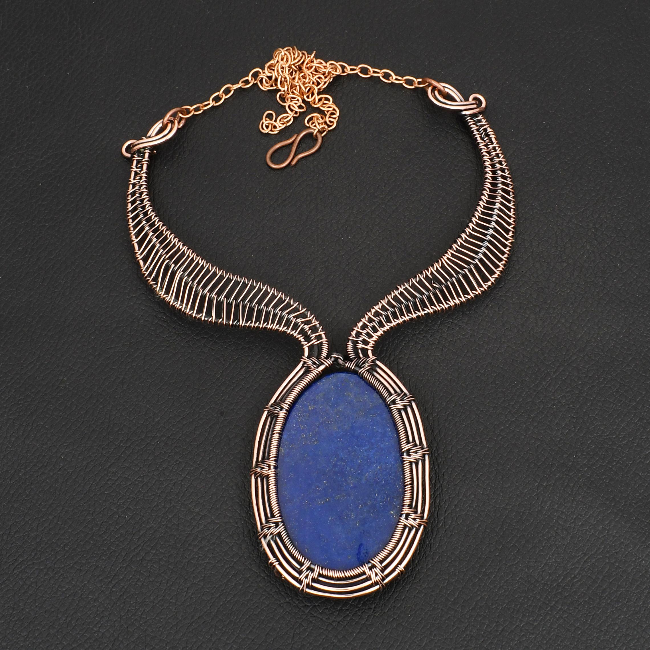 Handmade Lapis Lazuli Gemstone Copper Wire Wrapped Statement Necklace Boho Ethnic Pendant Jewelry for Women