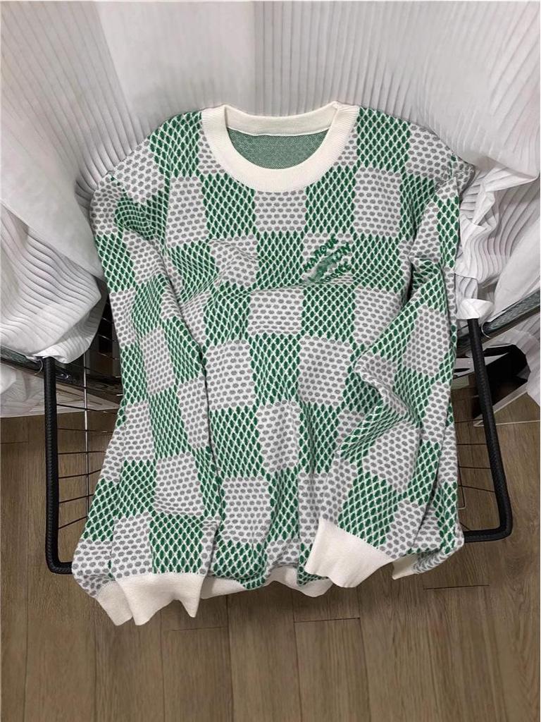 LV 25 Unisex Plaid Checkerboard Jacquard Sweater - Color Block, Round Neck, OS Fit