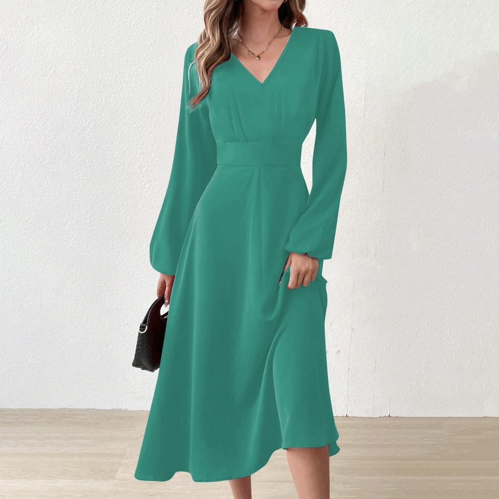 Women's And Winter Casual Fashion V-neck Long Sleeve Solid Color Long Dress