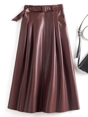 Women's Haining Lambskin A-Line Midi Skirt - High-Waisted, Slim Fit with Large Hem, Elegant Design
