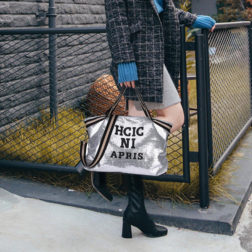 

Сумки для покупок через плече з літерами та паєтками. Велика жіноча дорожня сумочка на плече срібний