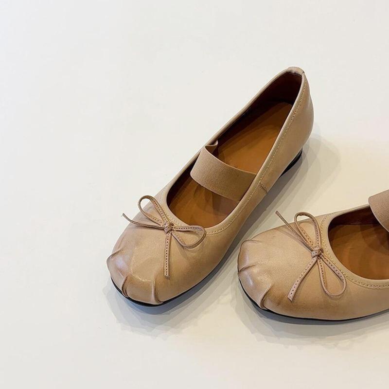 Sheepskin version~ retro bow ballet shoes women's niche one-word thick heel single shoes round head shallow mouth Mary Jane shoes
