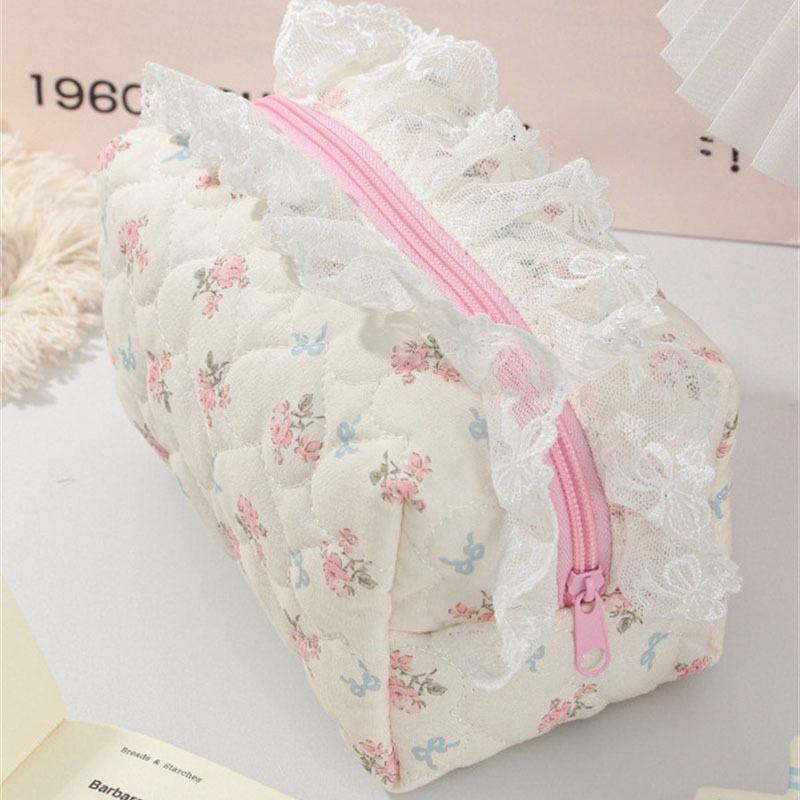 Ruffled Edge Bowknot Floral Print Makeup Bags Large Capacity Quilting Pen Bags Women Cosmetic Storage Bag Travel Wash Bag Clutch