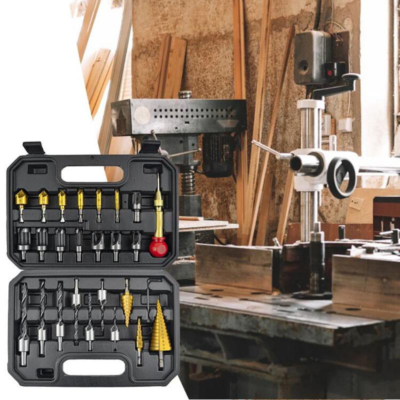 26ks Dřevoobráběcí stupňovitý vrták Tříbodová zápustná hmoždinka do dřeva Srážení hran Vrták Sada polohovačů středového razníku Nástroj na otvírání otvorů