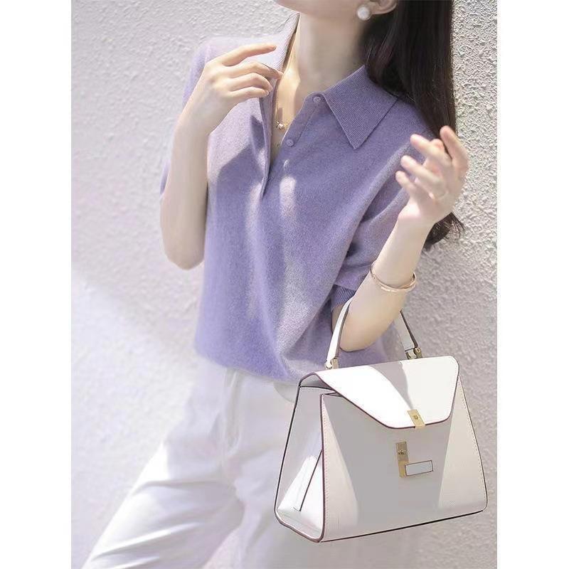 New women's summer lapel temperament white purple short-sleeved ice silk knitted sweater