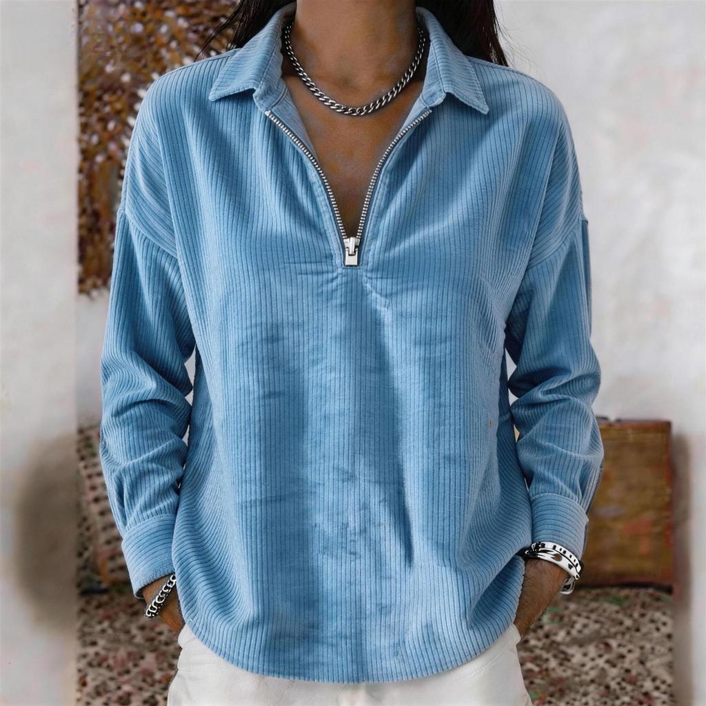 Women's Corduroy Long Sleeve Top with Loose Fit Turn-Down Collar Retro Blouse