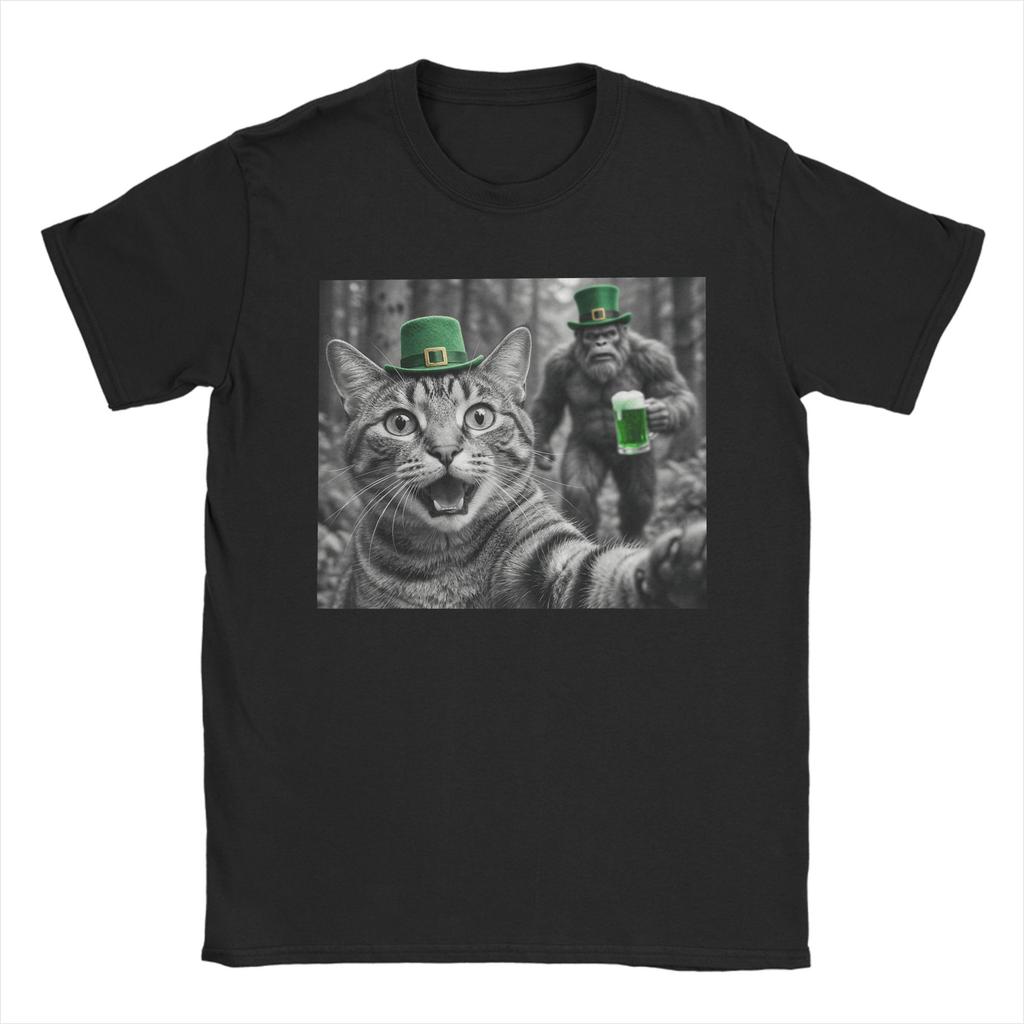 St Patricks Day Cat Selfie with Leprechaun Funny Photo T Shirt Beach Cotton T Shirts For Unisex Harajuku Casual Tee Shirt