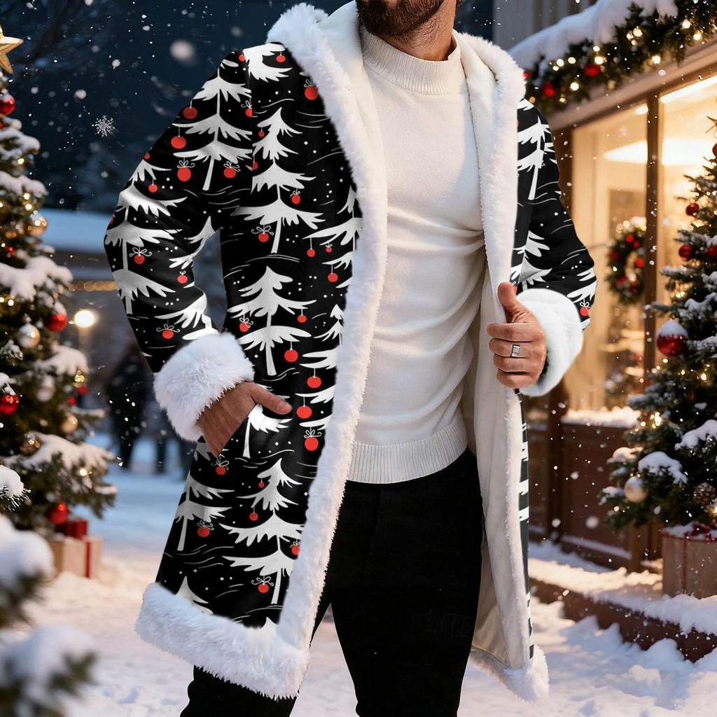 Men's Christmas Long Hooded Cardigan With Pockets Warm Jacket