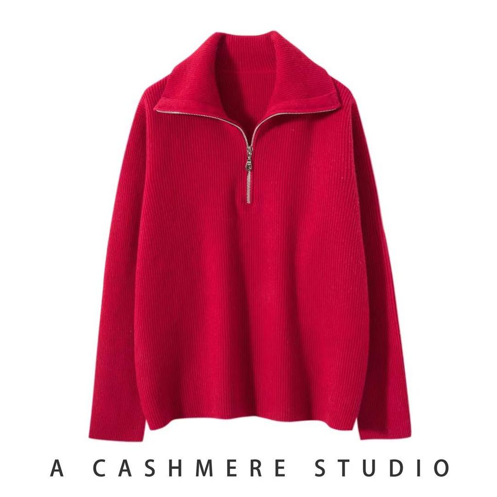 Women's Cashmere Half Zip Polo Neck Long Sleeve Sweater - Autumn/Winter Casual Fashion Knitwear
