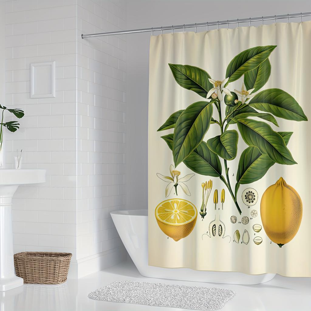 1pc of Modern Fresh Lemon Tree Fruit Floral Shower Curtain with Digital Print of Flowers And Green Leaves.