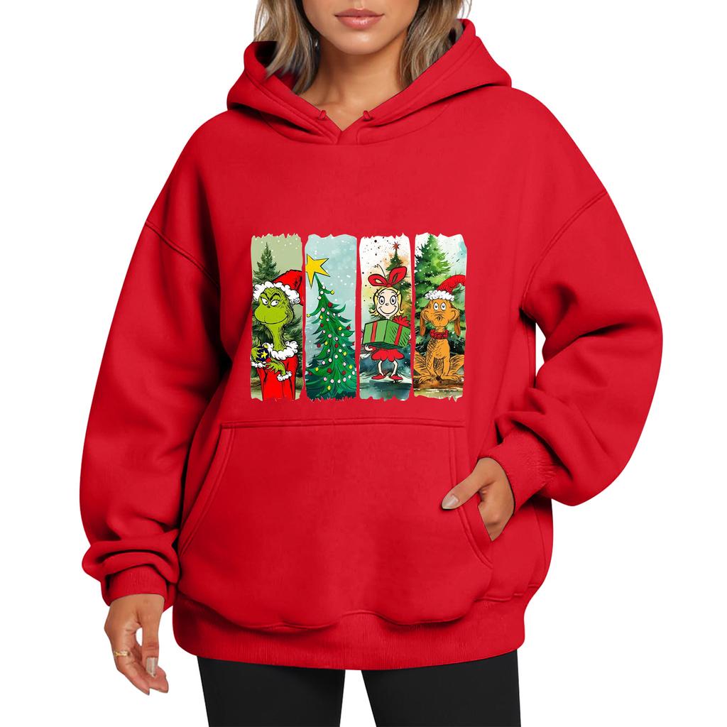 Ladies' Christmas Style Printed Hoodie With Wool And Pockets For Women