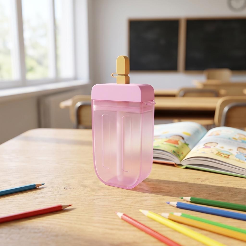 Portable Plastic Water Bottle with Straw Cartoon Ice Cream Popsicle Shape Leak Proof Design for Outdoor Travel and Daily Use