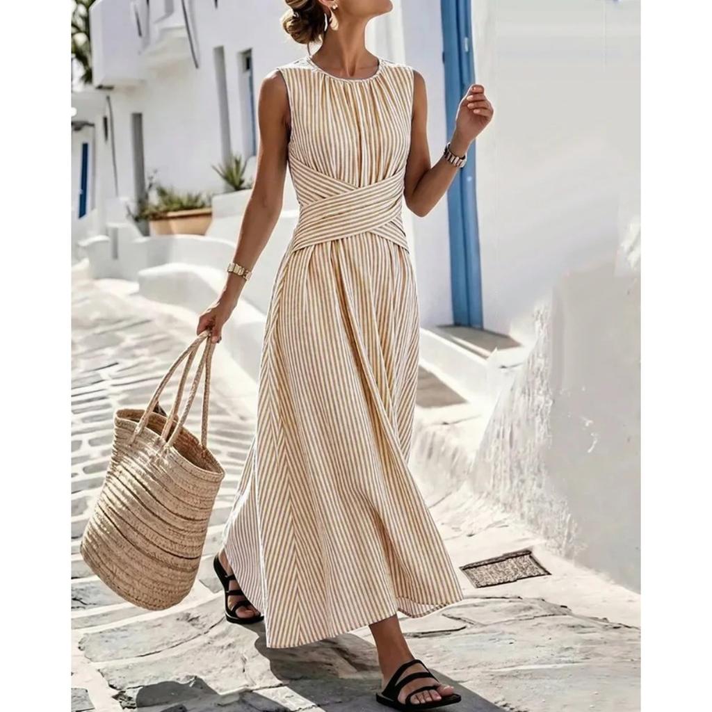 Women's Cross Waist Striped Sleeveless Round Neck Tank Dress, Casual Summer Dress for Women European American Style