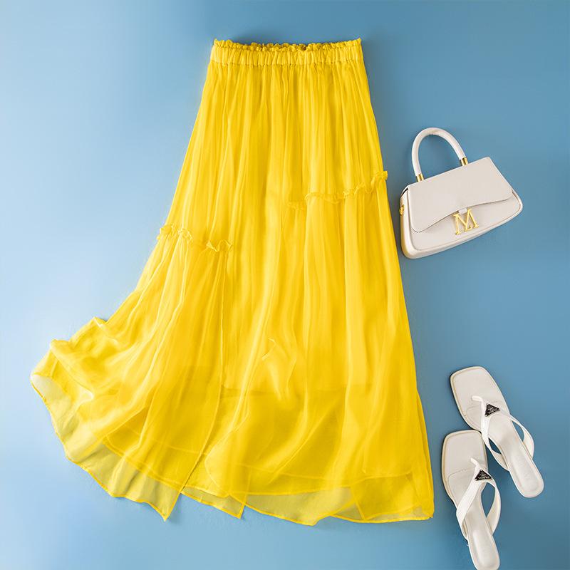 Women's Japanese-Style A-line Silk Skirt with Elastic Waist
