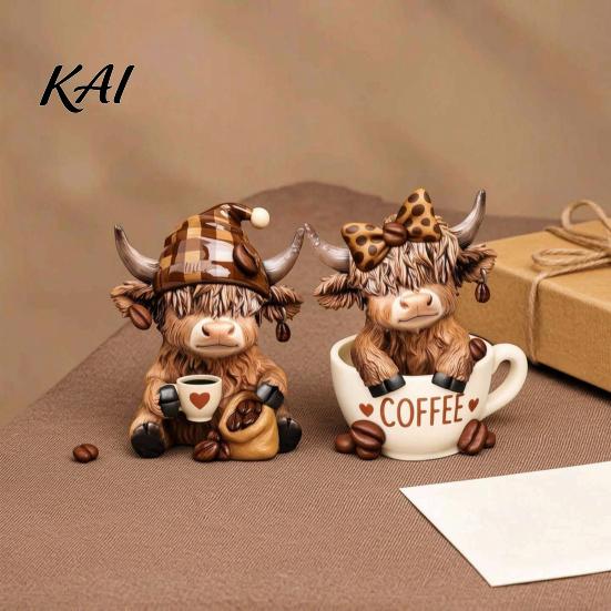Unique Coffee Station Decoration 2Pcs Cow Figurine, Cute Resin Animal Statue for Home Desk Miniature Highland Decor, Cafe Style Tabletop