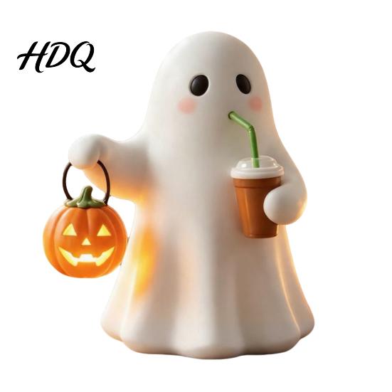 Dekorationsobjekt für den Innenbereich Niedliche Geister-Halloween-Figur mit leuchtendem Kürbis Harz Nacht-Schreibtischdekoration Tischdekoration Lustige Dekoration für