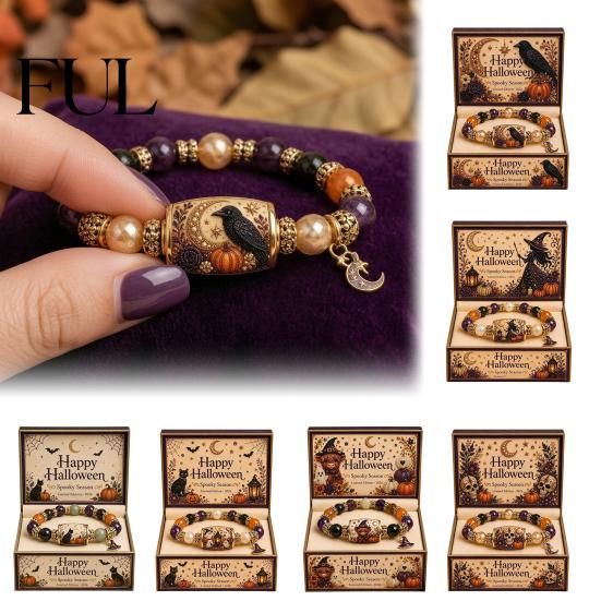 Stackable Charm Bracelet Halloween Stretch Beaded with Gift Box, Black Cat Pumpkin Ghost Spooky Theme Party Accessory Crow Witch Hat/Moon Charm,