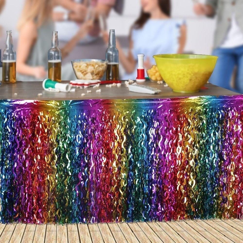 Rainbow Gradient Foil Fringe Table Skirt Wavy Design Table Decor Ornament Birthday Party