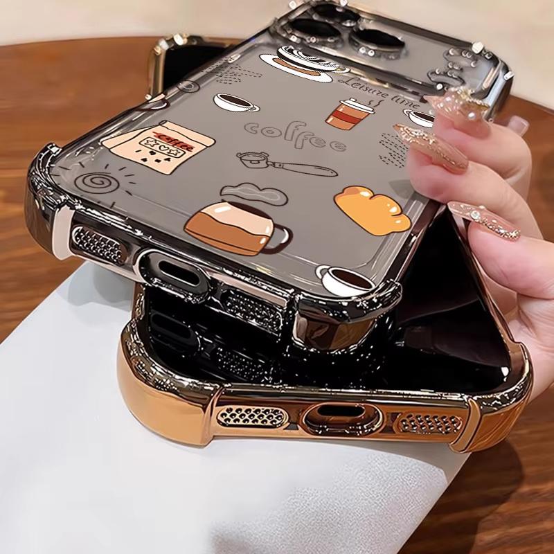 Coffee Afternoon Tea Pattern Phone Case For iPhone 17 Pro Air 16 15 14 13 12 11 Pro Max Plus Shockproof Soft Clear Plating Cover