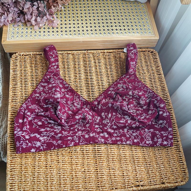 

European and American Pure Cotton No-rim Plus Size Bra Printed Chinese Style Wide Shoulder Strap Comfortable Underwear 110G бордовый