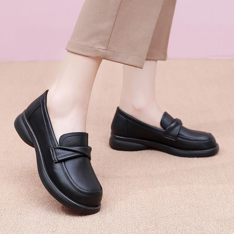 Women's Black Leather Loafers - Soft Sole, Flat Bottom, British Style Slip-on for Work & Commute