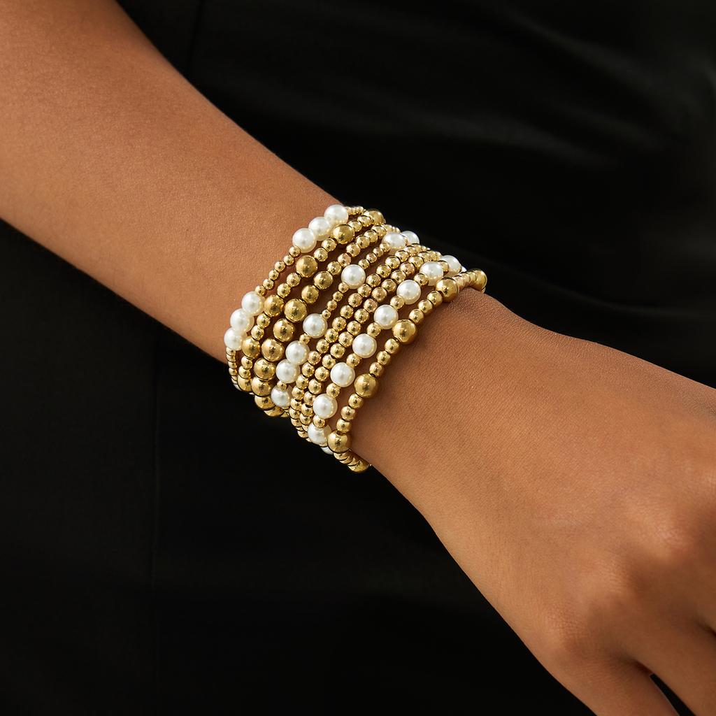 Ingemark 7 Styles Goth Acrylic Imitation Pearl Elastic Chain Bracelets for Women Boho Stacked Strand Beads Bangle Couple Jewelry