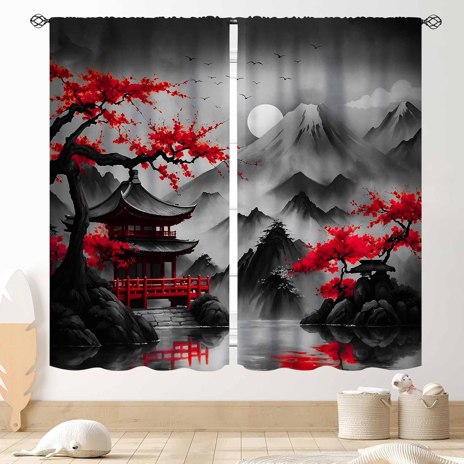 

Chic Cherry Blossoms Curtains Japanese Traditional Ink Painting Red Floral Plum Blossom Asian Oriental Nature Mountains Landscape Wi Made Of Polyester W100*H70(CM)-Rod Pocket&1PCS