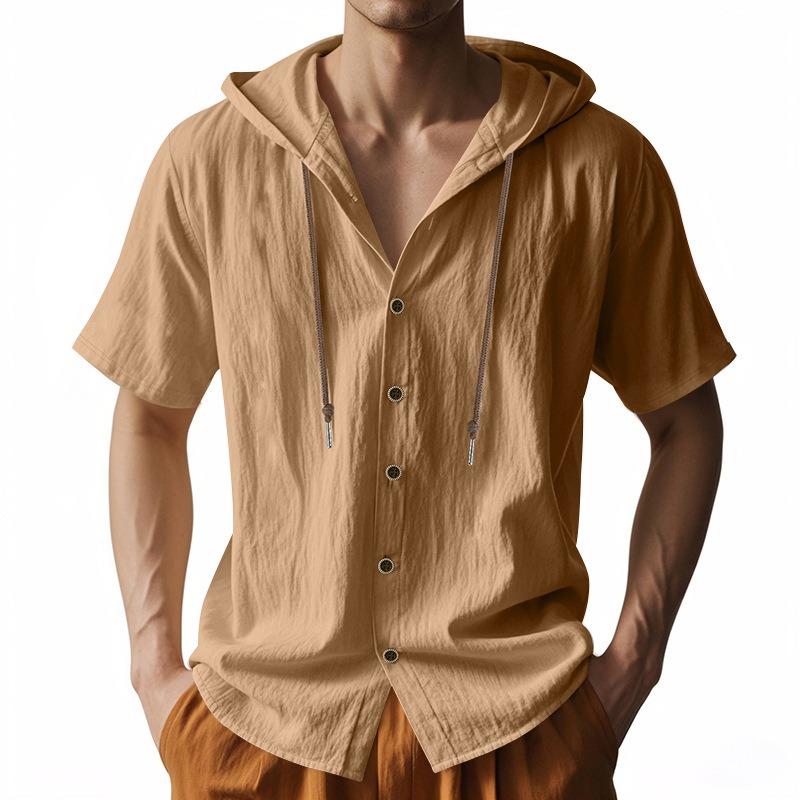 Men's Solid-color Casual Short-sleeved Shirt with A Hooded Drawstring Cotton Cardigan Is Trendy, Versatile and Loose