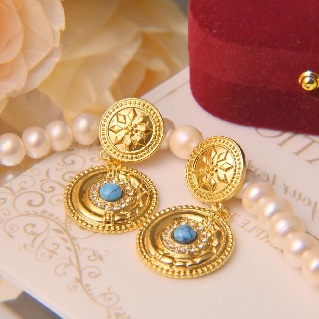 French Turquoise Diamond Dangle Earrings: Personalized Niche Retro Stud Design for Women