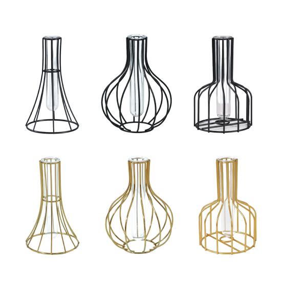 Decorative Glass Vase with Metal Wire Stand Clear Test Tube Vase with Iron Art Frame for Hydroponic Plant Modern Flower