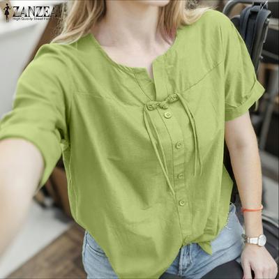 Women O-neck Puff Sleeve Solid Frog Buttons Casual Loose Blouse
