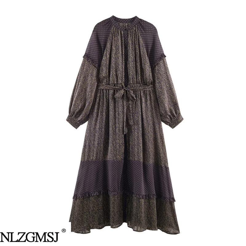 

2026 Spring European & American Style Color Block Waist-Cinched Chiffon Dress Medium