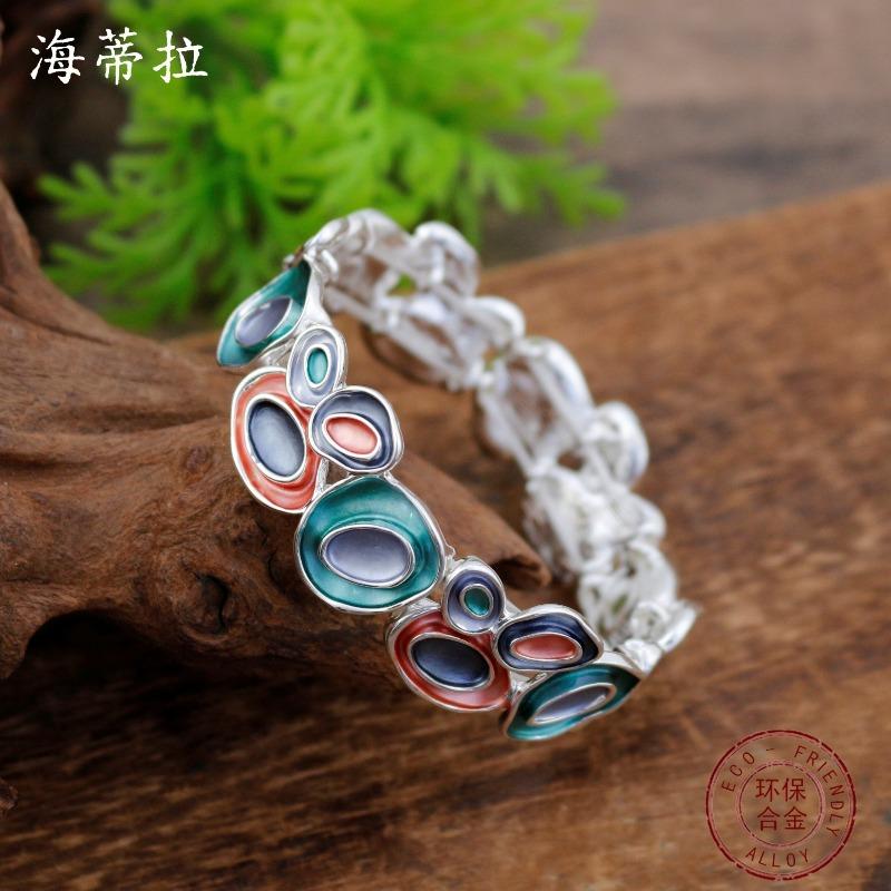New Enamel Geometric Oval Petal Elastic Bracelet Women's Fashion High Sense Autumn and Winter Versatile Bracelet