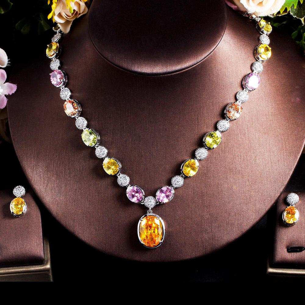 Super Féerique Style Rétro Collier Zircon Coloré, Ensemble Boucles d'Oreilles Puces, Chaîne, Bijoux de Mariée Ensemble Deux Pièces