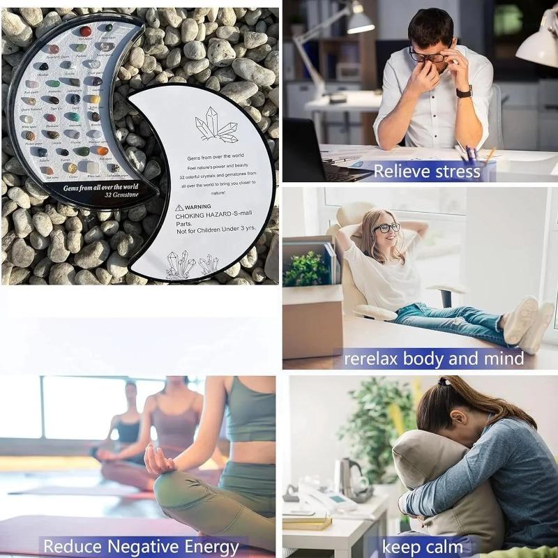 Gems from All Over The World ,32 Types of Natural Crystal Gemstone Moon Shaped Set, Rocks Set with Educational Display Case