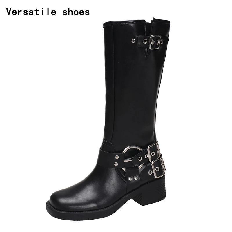 New Autumn Winter Knee High Boots Women Fashion Ladies Belt Buckle Knight Long Boots Women's Biker Booties