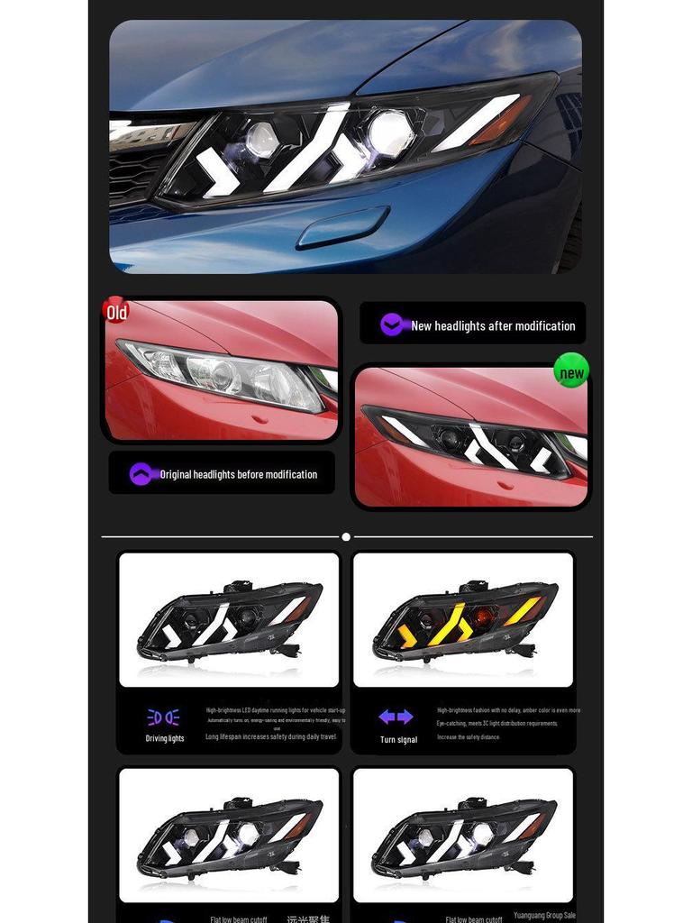 12-15 Gen 9 Civic Headlight Assembly with Lamborghini Style LED DRLs & Flowing Turn Signals