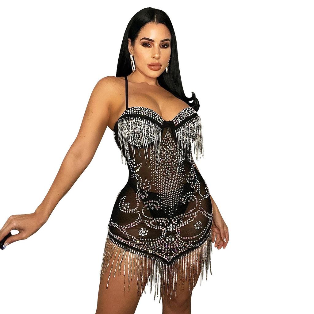 Summer Women's Sexy Diamond Tassel Mesh Dress