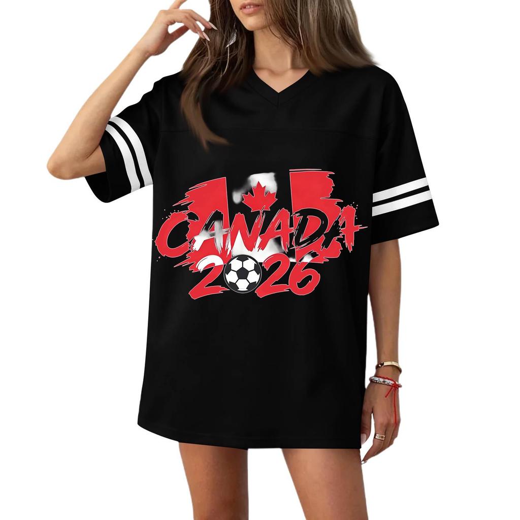Women's Casual V Neck Short Sleeve Soccer Jersey Top with Flag Print and 2026 Graphic for Sports and
