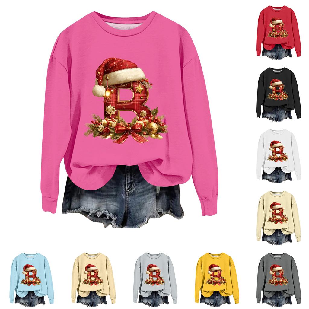 Women's Fashionable Casual Long-Sleeved Christmas Letter Print Crew-Neck Sweatshirt