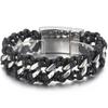 Herren 22MM Poliertes Edelstahl Kubanische Kette Armband für Herren Geflochtenes Leder Wickelarmband Armband Männliches Schmuckaccessoire