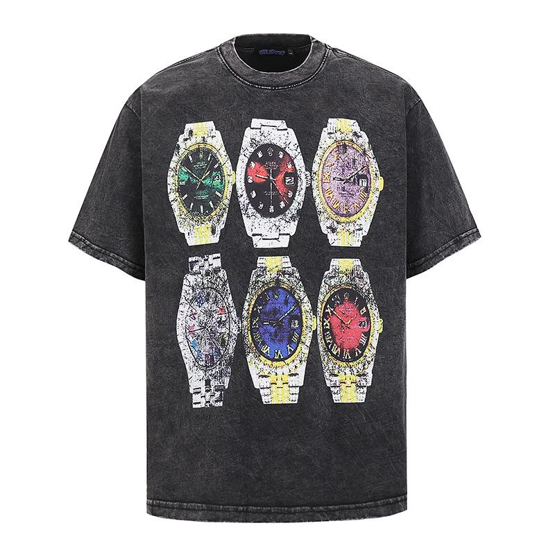 American Heavy Cotton Skull Print T-Shirt Vintage High Street Retro Washed T-Shirt Loose Short Sleeve Men